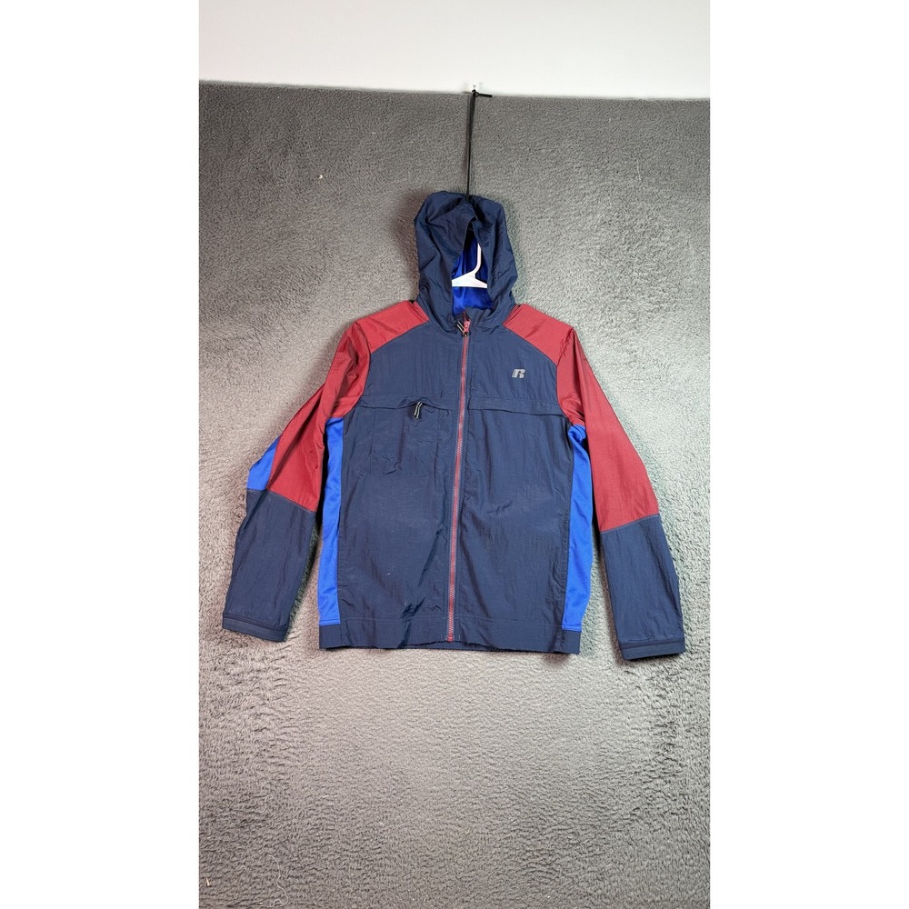 Russell Jacket Mens XL Blue‎ Red Hooded Windbreaker Full Zip Athletic Outdoor